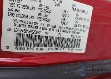 2005 Dodge Caravan Sxt из США, поврежденный, VIN 1D4GP45R45B325077